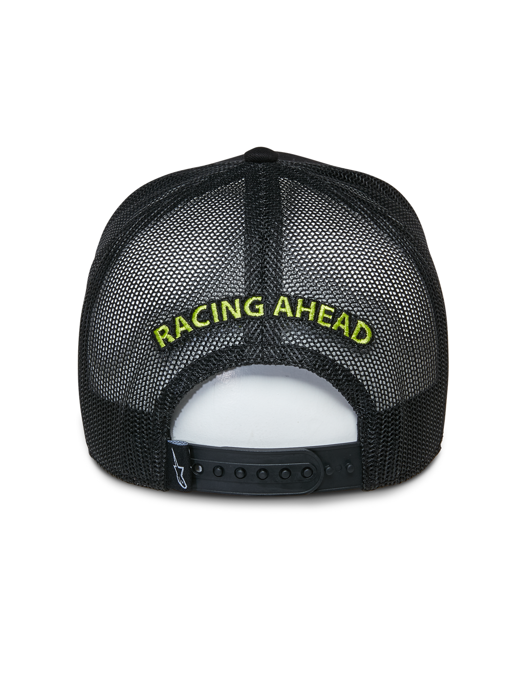 Alpinestars Exceed Trucker Hat, Black Trucker Cap, Back view showing mesh panels and snap-back closure, Lime Green 'RACING AHEAD' embroidery, casual motorsport-inspired headwear