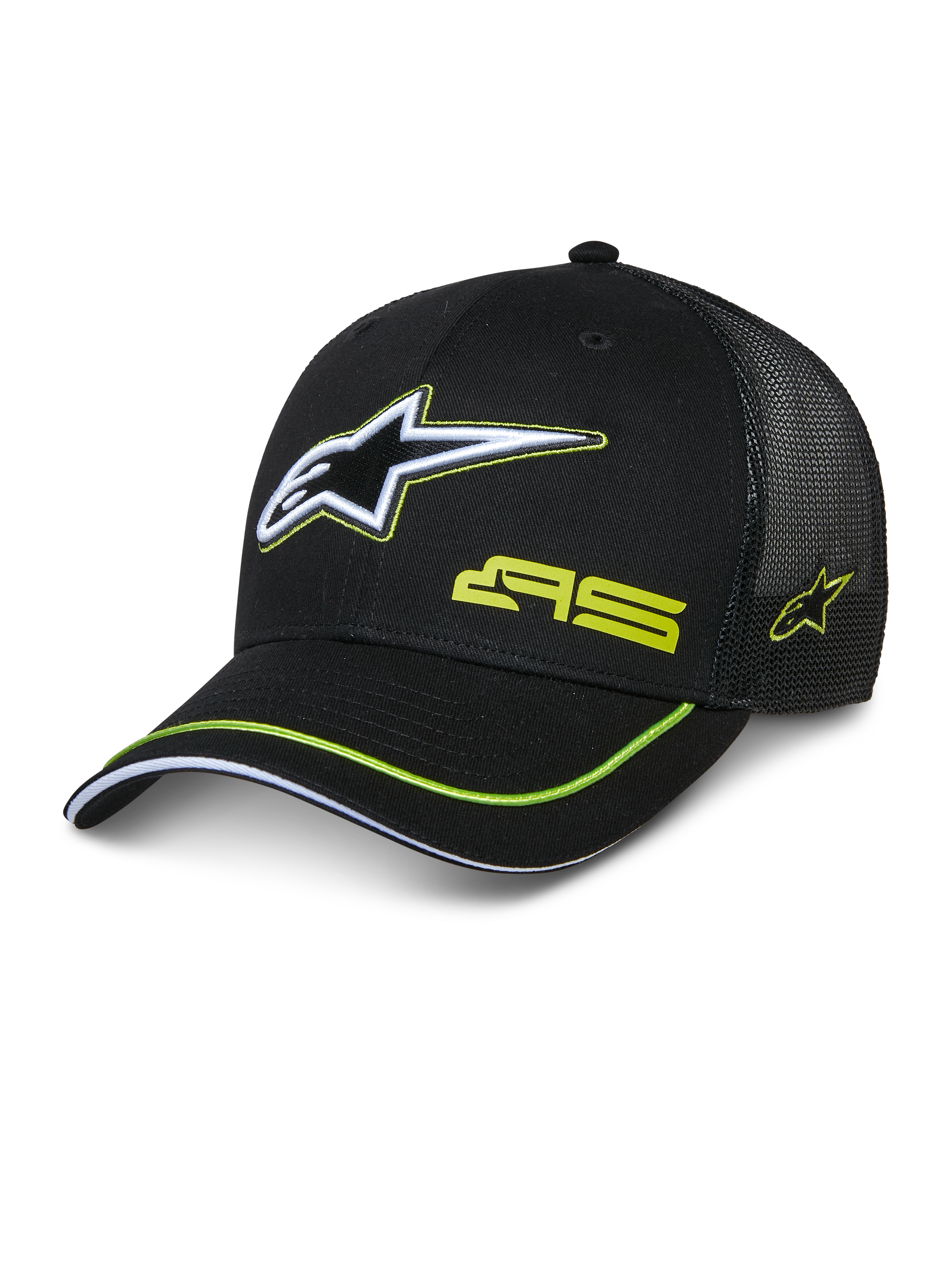 Alpinestars Exceed Trucker Hat, black trucker cap with structured front and mesh back, featuring a large white and lime green embroidered Astars logo, AS branding on crown, curved bill with lime green trim, casual motorsport headwear