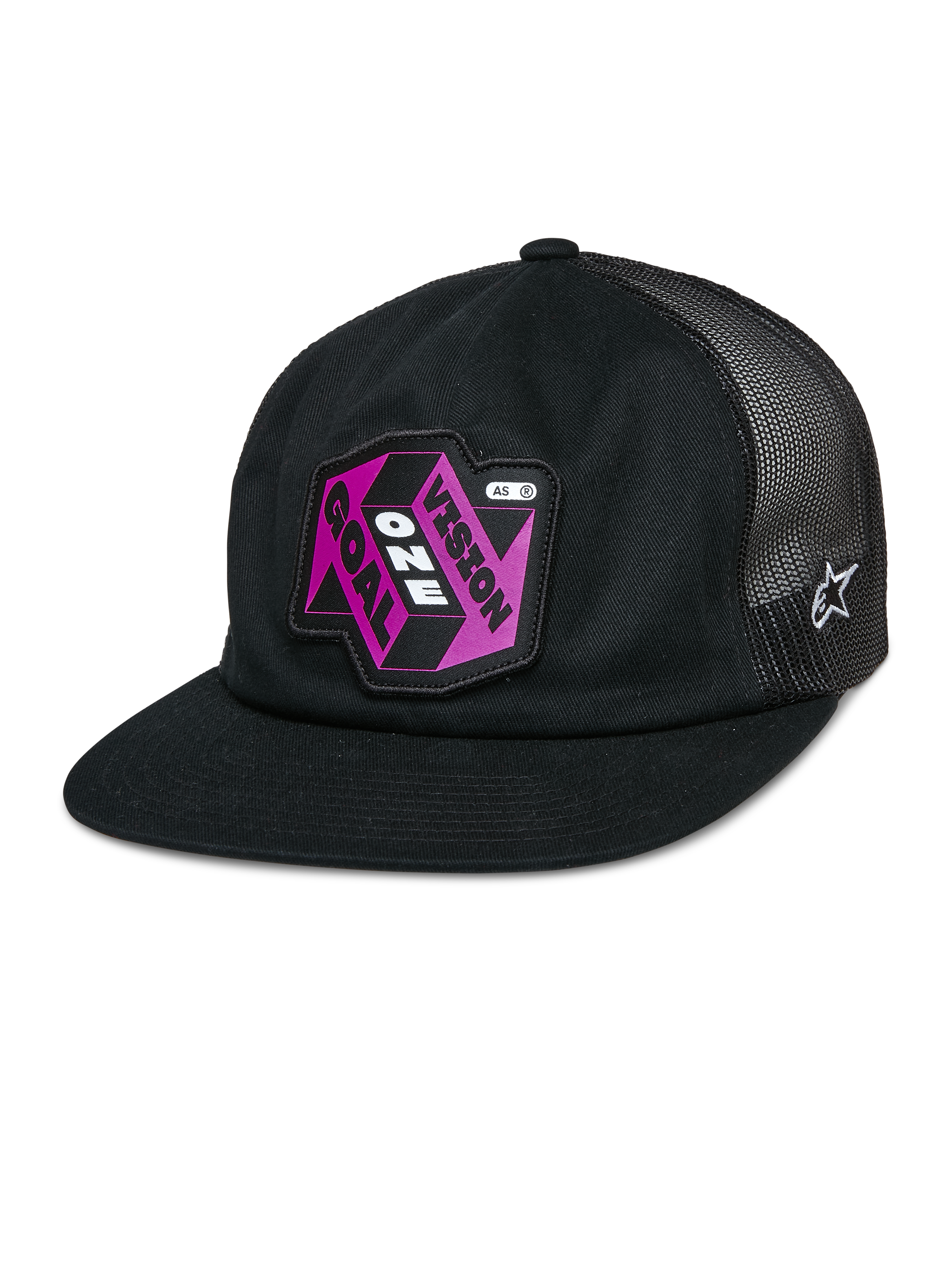 Alpinestars That Way Trucker Hat, Black Mesh-Back Snapback Cap, Flat Bill, Pink and Purple 'Vision One Goal' Patch, White Alpinestars Star Logo, Casual Sportswear