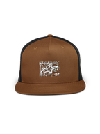 Alpinestars Mackinic Trucker Hat, Brown and Black, flat bill with structured crown, featuring a recycled paper TPU heat transfer logo on the front, black mesh back, casual sportswear accessory