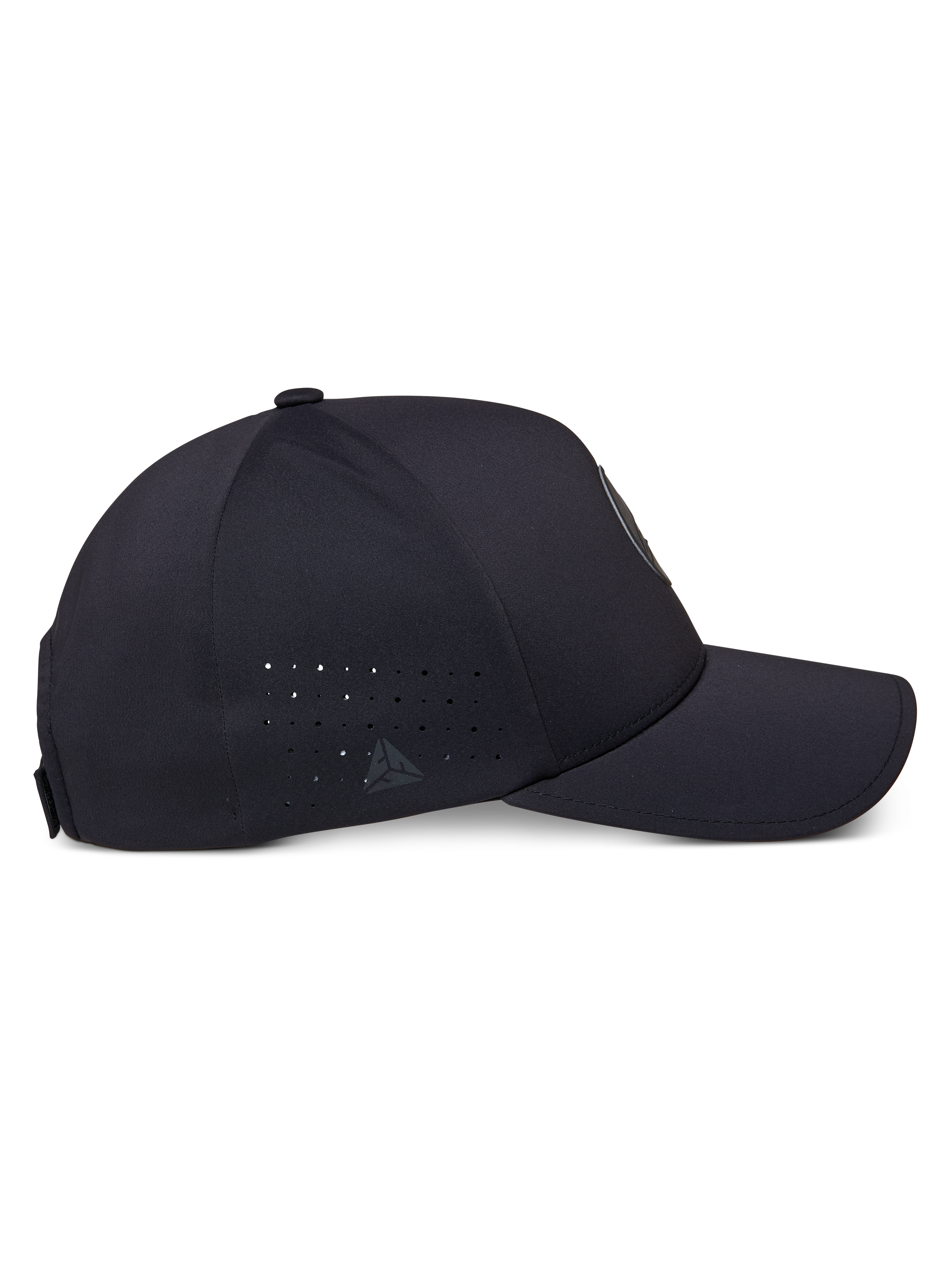 Alpinestars Apex Hat, Side Profile, Black, featuring a structured crown and curved bill, side panel perforations, small reflective logo, and smooth stitchless construction for a clean look