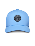 Alpinestars Apex Hat, Sportswear Hat, Light Blue, featuring a circular black reflective logo on the front, curved bill, structured crown, and technical stitchless bonded construction