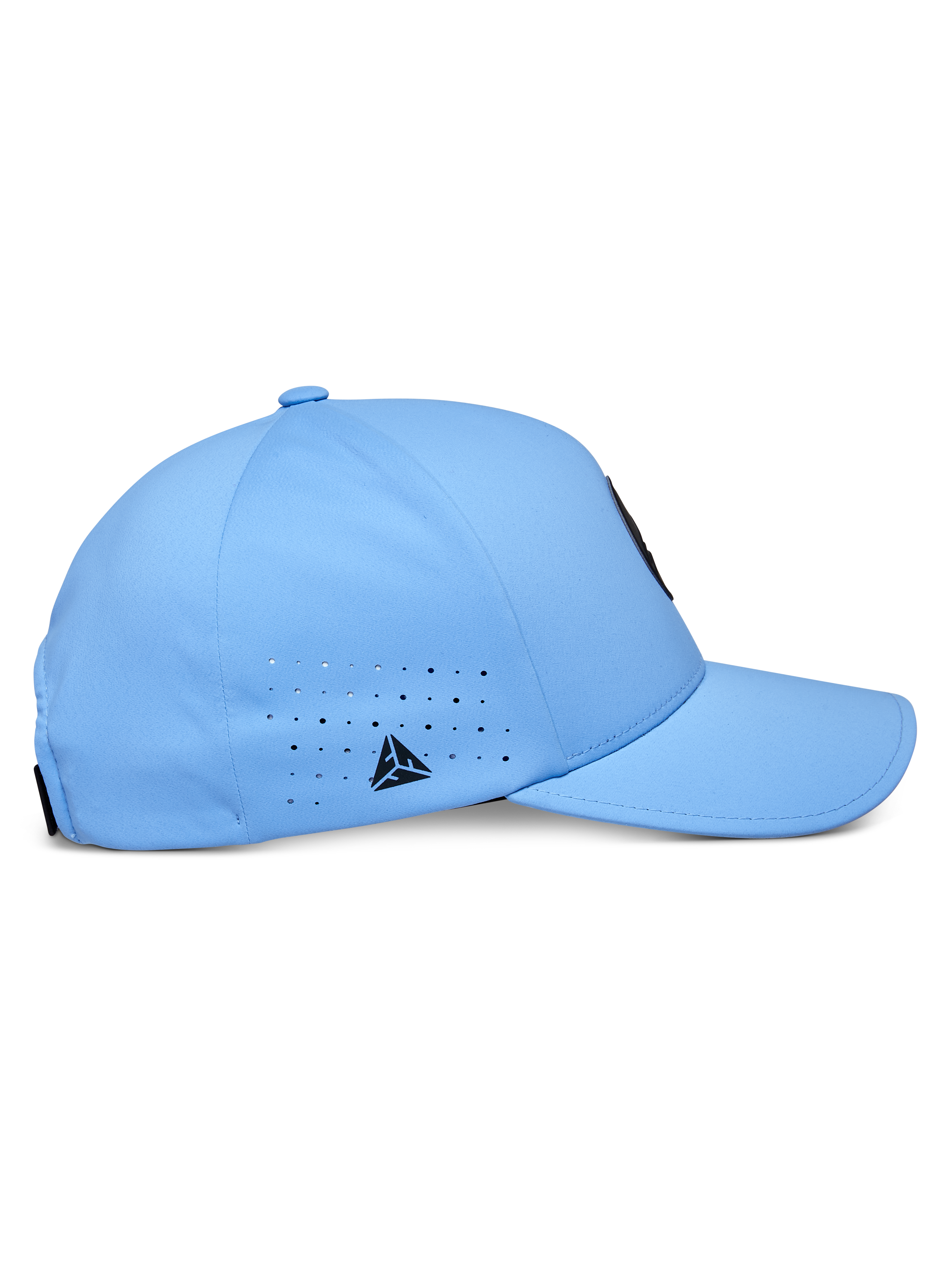 Alpinestars Apex Hat, Blue, technical baseball cap, side profile featuring curved bill and structured crown, laser-cut ventilation holes with a small black triangular logo, modern moisture-wicking fabric
