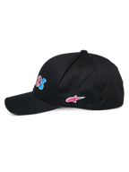 Alpinestars Cereal Hat, black baseball cap, side profile view, curved bill with structured crown, featuring colorful front embroidery and a pink Alpinestars star logo on the side, casual sportswear headwear