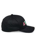 Alpinestars Cereal Hat, Black structured baseball cap, side profile view, colorful flat embroidery logo on the side with geometric letters, curved bill, casual sportswear design.