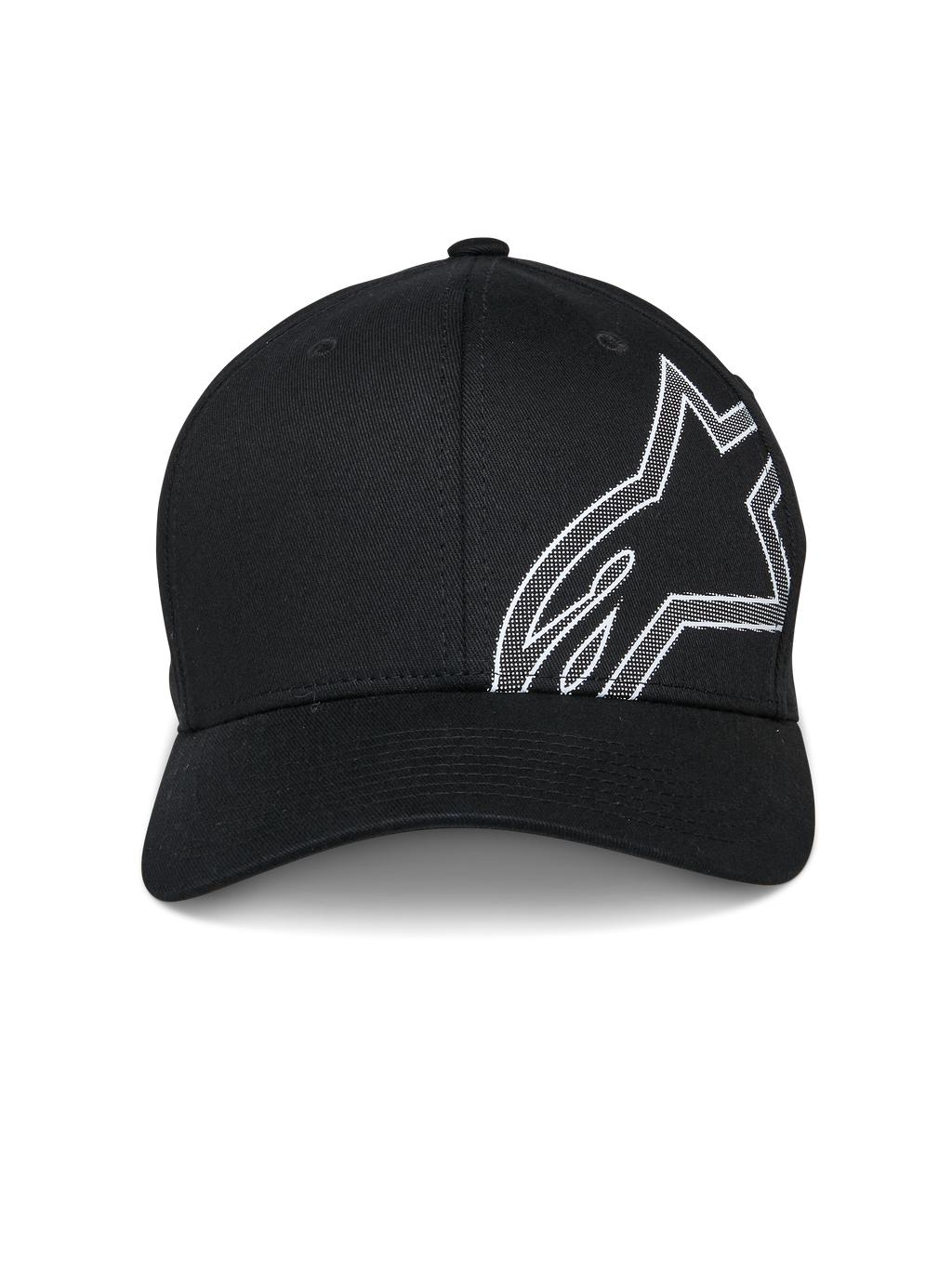 Alpinestars Share Hat, Baseball Cap, Black, featuring a large white HD puff print Astars logo outline on the side, curved bill, structured crown, casual motorsport-inspired sportswear