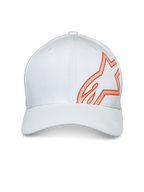 Alpinestars Share Hat, Baseball Cap, White, featuring a large orange HD puff print Astars logo on the side, curved bill with structured crown, casual motorsport headwear