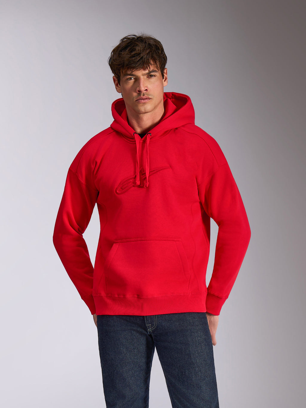 Alpinestars Emergent Oversized Hoodie, Red Pullover Hoodie, featuring tonal 3D embroidered Astars logo on chest, kangaroo pocket, oversized fit, casual motorsport-inspired streetwear