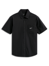 Alpinestars Strive Woven Shirt, Short Sleeve Button-Up Shirt, Black, featuring a white Astar logo on the chest pocket, classic collar and button-front placket, casual motorsport-inspired streetwear
