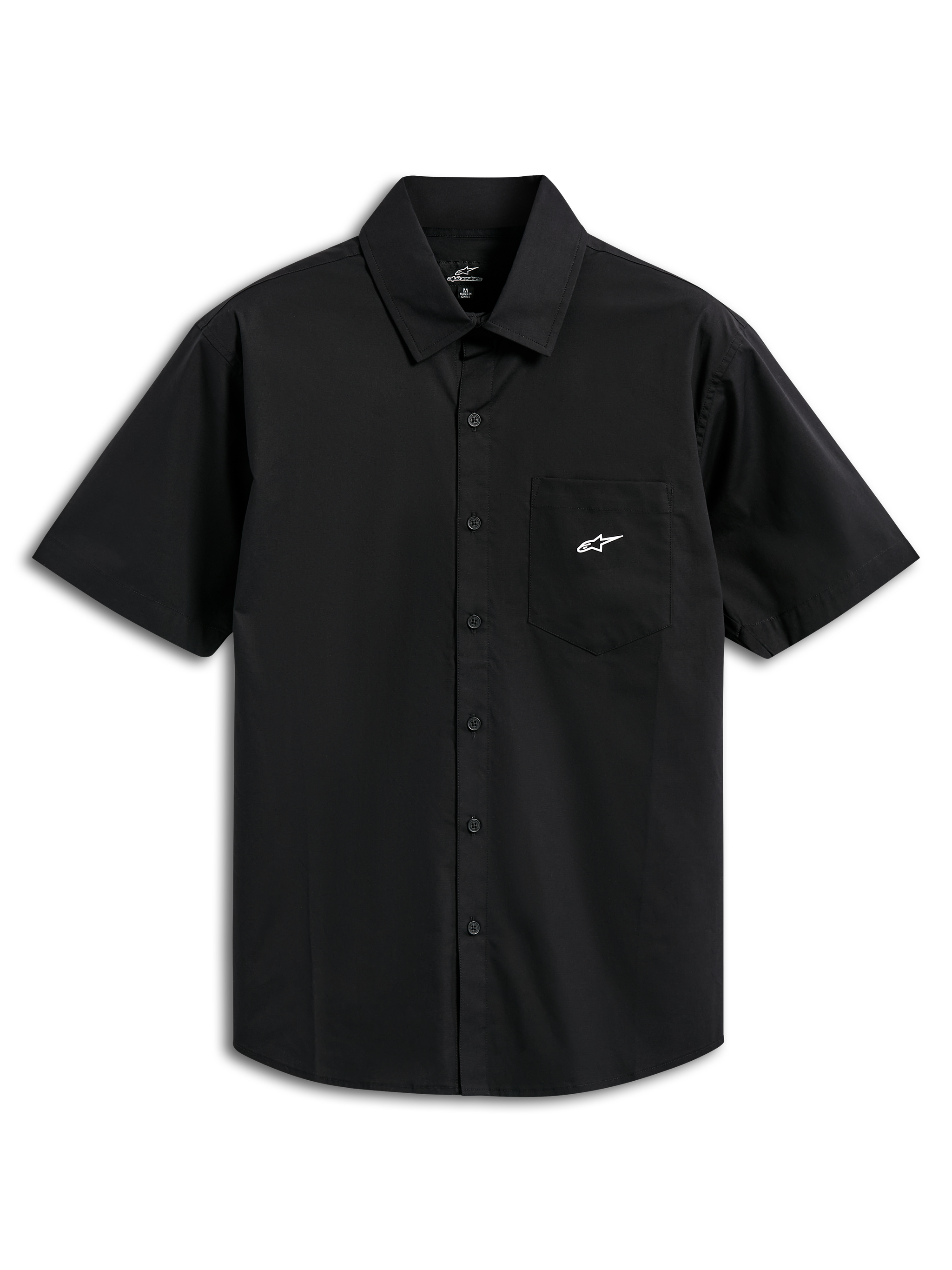Alpinestars Strive Woven Shirt, Short Sleeve Button-Up Shirt, Black, featuring a white Astar logo on the chest pocket, classic collar and button-front placket, casual motorsport-inspired streetwear