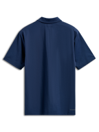 Alpinestars Impetus Sport Polo, Short Sleeve Polo Shirt, Navy Blue, back view featuring a self collar and small word logo on the bottom right hem, casual motorsport streetwear