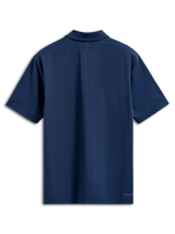 Alpinestars Impetus Sport Polo, Short Sleeve Polo Shirt, Navy Blue, back view featuring a self collar and small word logo on the bottom right hem, casual motorsport streetwear