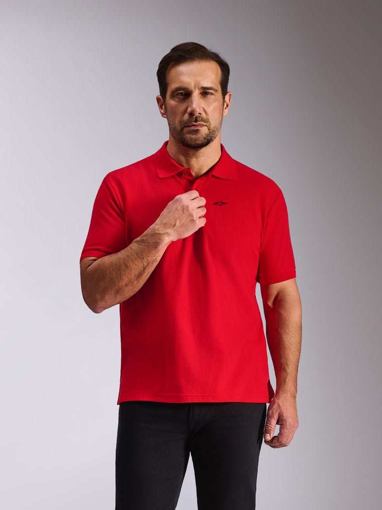 Alpinestars Endeavor Classic Polo, Short Sleeve Pique Polo, Red, featuring a small black Astars logo on the chest, 3-button placket and ribbed collar, casual motorsport-inspired sportswear
