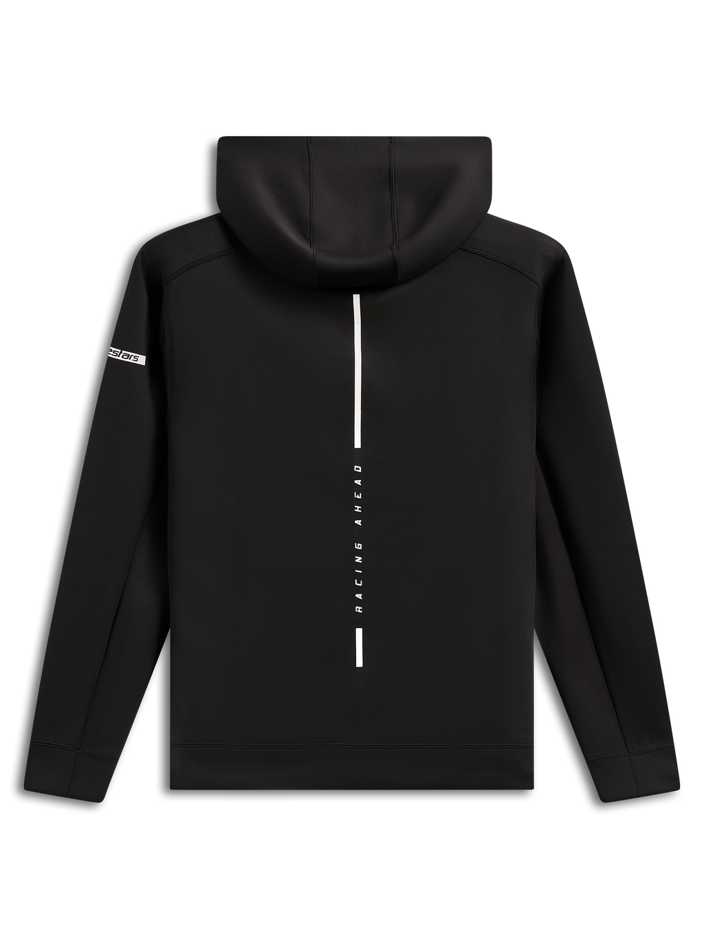 Alpinestars Insight Hoodie, back view, black pullover fleece hoodie, vertical white stripe with 'RACING AHEAD' text, Alpinestars word logo on the sleeve, casual motorsport-inspired streetwear