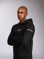 Alpinestars Insight Hoodie, casual sportswear hoodie, Black, white Astars logo on chest and word logo on the upper sleeve, model wearing hoodie with arms crossed, premium double face fleece construction