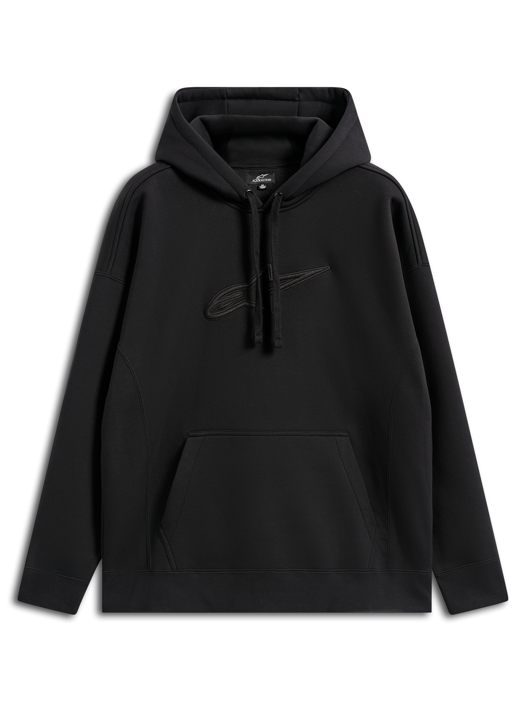 Alpinestars Emergent Oversized Hoodie, casual streetwear, black with tonal embroidered Astars logo, oversized fit, drawstring hood, kangaroo pocket, modern motorsport-inspired design