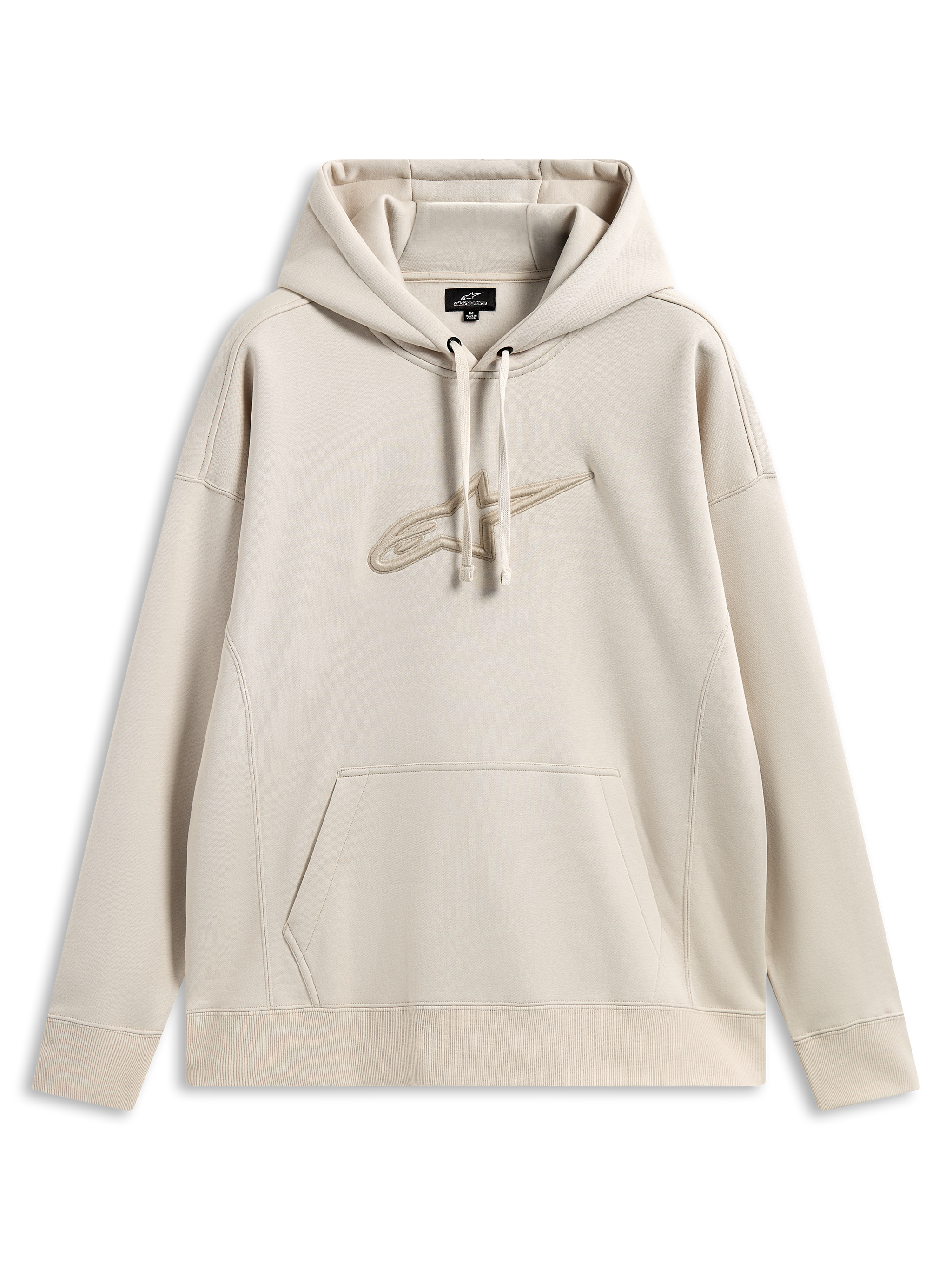 Alpinestars Emergent Oversized Hoodie, casual motorsport streetwear, sand color with tonal 3D embroidered Astars logo, drawstring hood, kangaroo pocket, relaxed oversized fit