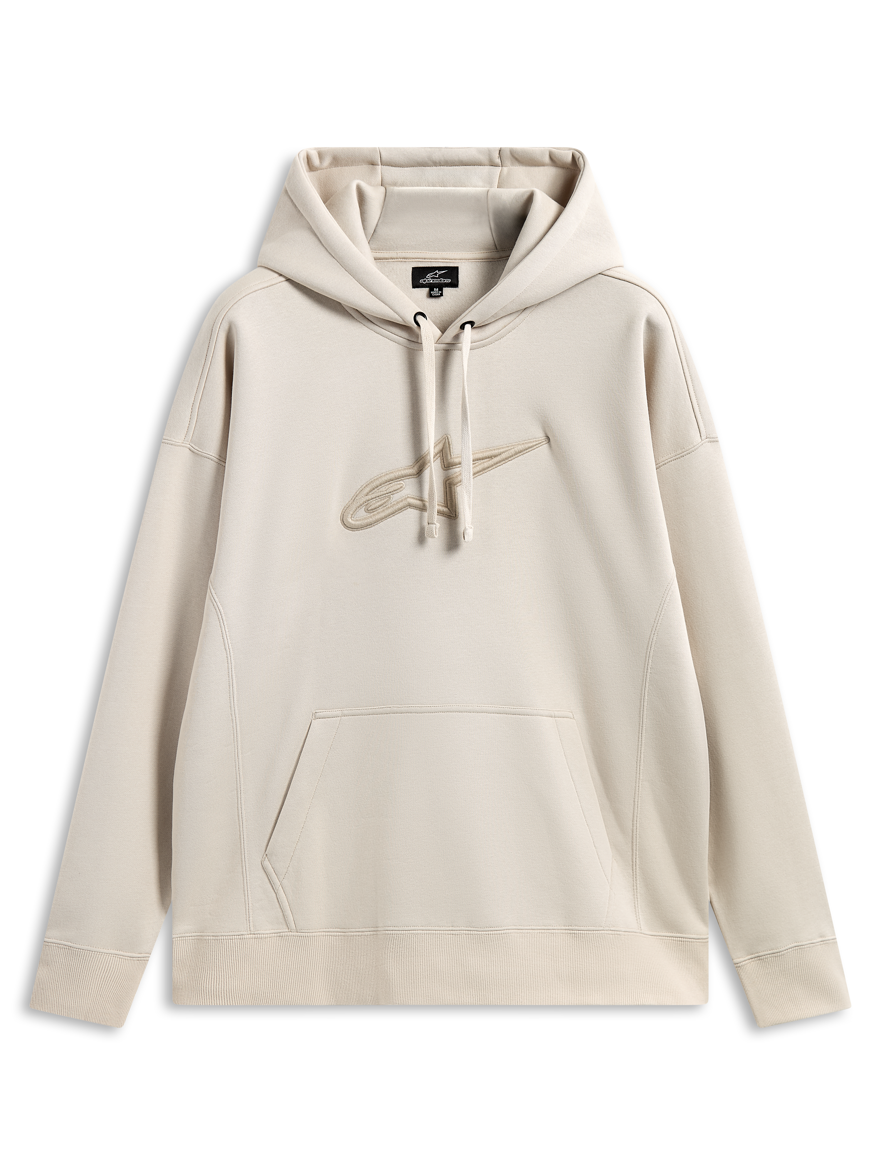 Alpinestars Emergent Oversized Hoodie, casual motorsport streetwear, sand color with tonal 3D embroidered Astars logo, drawstring hood, kangaroo pocket, relaxed oversized fit