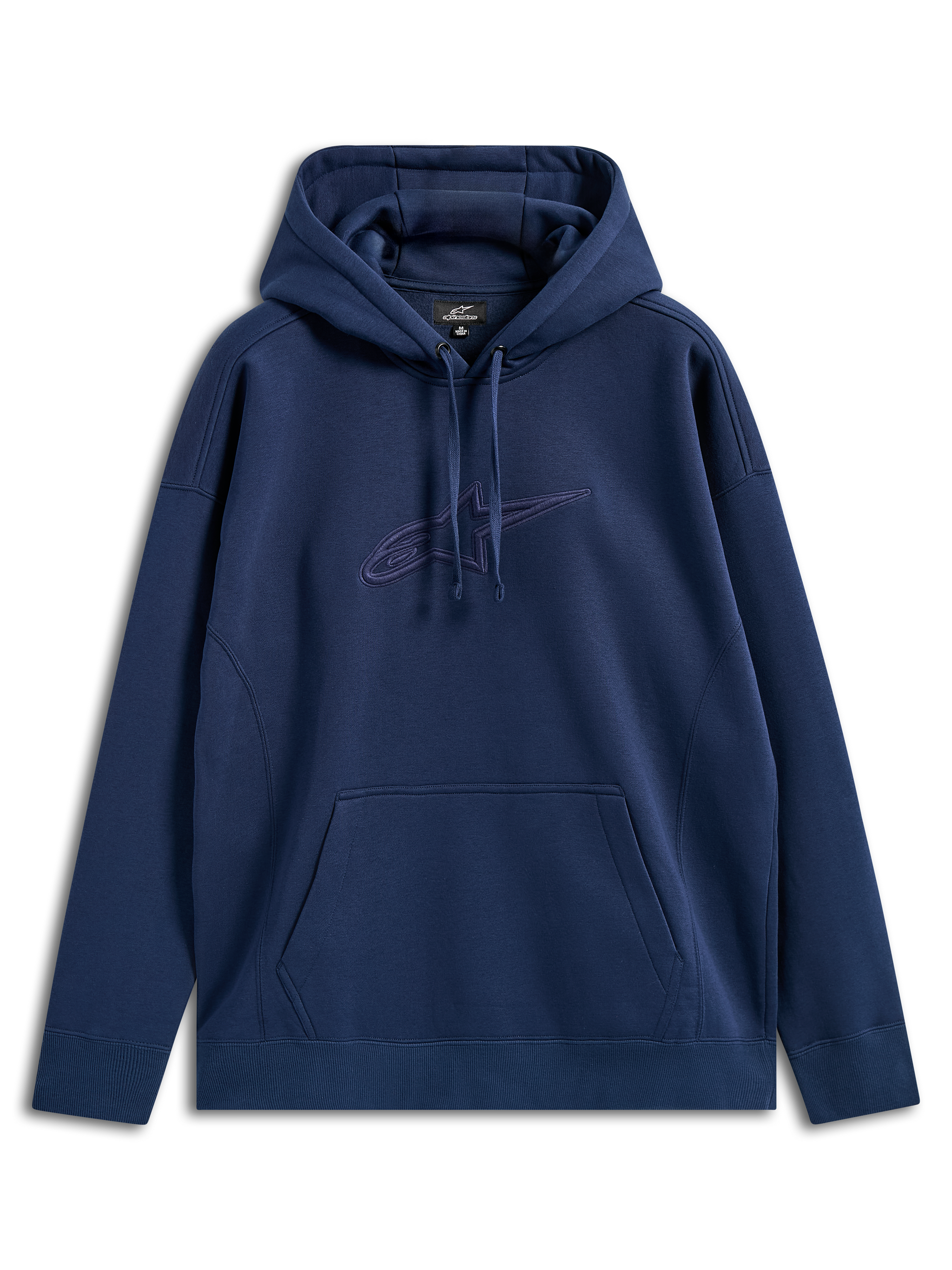 Alpinestars Emergent Oversized Hoodie, Navy Blue, pullover fleece with tonal 3D embroidered Astars logo on the chest, kangaroo pocket, drawstring hood, relaxed fit casual streetwear