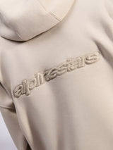 Alpinestars Emergent Oversized Hoodie, casual streetwear, Sand, detail view of tonal 3D embroidered Alpinestars word logo on the back, premium fleece texture