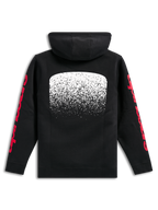 Alpinestars Obsessed Hoodie, black pullover fleece hoodie, back view, large white MX gradation graphic on back, red Alpinestars word logos on sleeves, casual motorsport-inspired streetwear