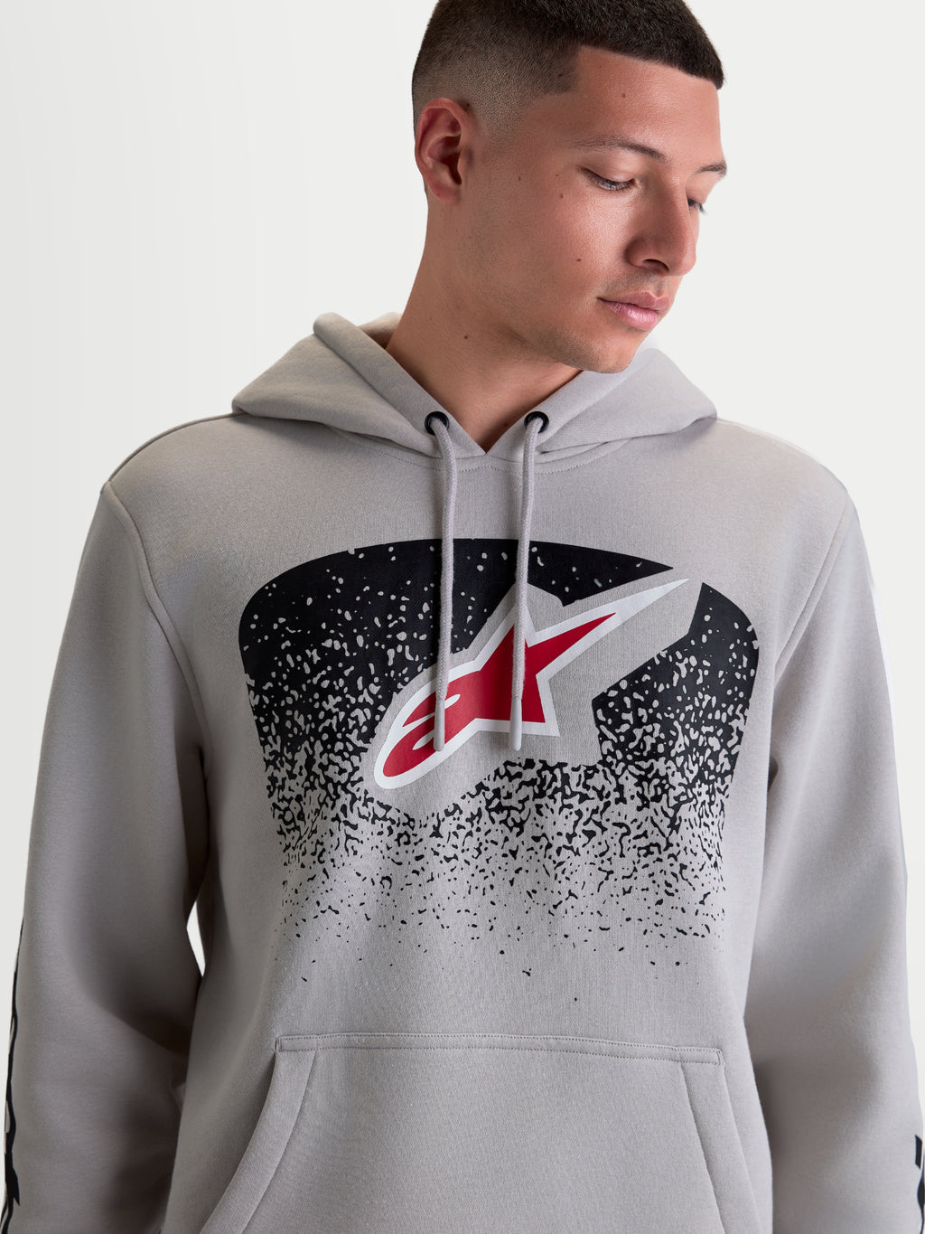 Alpinestars Obsessed Hoodie, Sportswear Pullover Fleece for men and women, Cement Gray featuring front Astars logo and MX-inspired graphics in Red and Black, Cotton and Recycled Polyester blend.