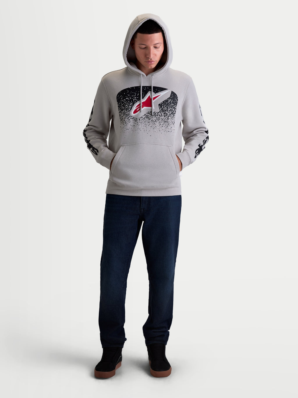Alpinestars Obsessed Hoodie, Men's Sportswear Pullover Fleece in Cement Gray with Red and Black MX-inspired Gradient Graphics, front Astars logo and sleeve branding, soft cotton and recycled polyester blend for casual motorsport lifestyle.