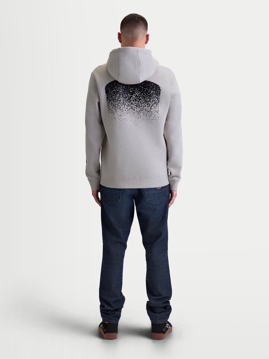 Alpinestars Obsessed Hoodie, Men's Sportswear Pullover Fleece in Cement Gray and Black, back view featuring a large MX-inspired gradient graphic, casual motorsport-driven lifestyle apparel with hood and ribbed trims.