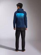 Alpinestars Obsessed Hoodie in Navy Blue, back view featuring a large cyan MX gradation graphic and yellow sleeve logos, casual motorsport-inspired pullover fleece.