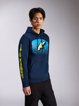 Alpinestars Obsessed Hoodie, Navy Blue, pullover fleece hoodie, featuring front Astars logo with light blue MX gradation and yellow wordmark on the sleeve, drawstring hood, casual motorsport streetwear