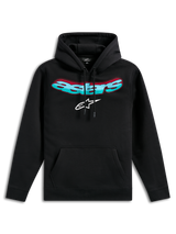 Alpinestars Ellipsoid Hoodie, black pullover fleece, featuring curved teal and red gradient Astars wordmark and white star logo, drawstring hood, kangaroo pocket, casual motorsport-inspired streetwear