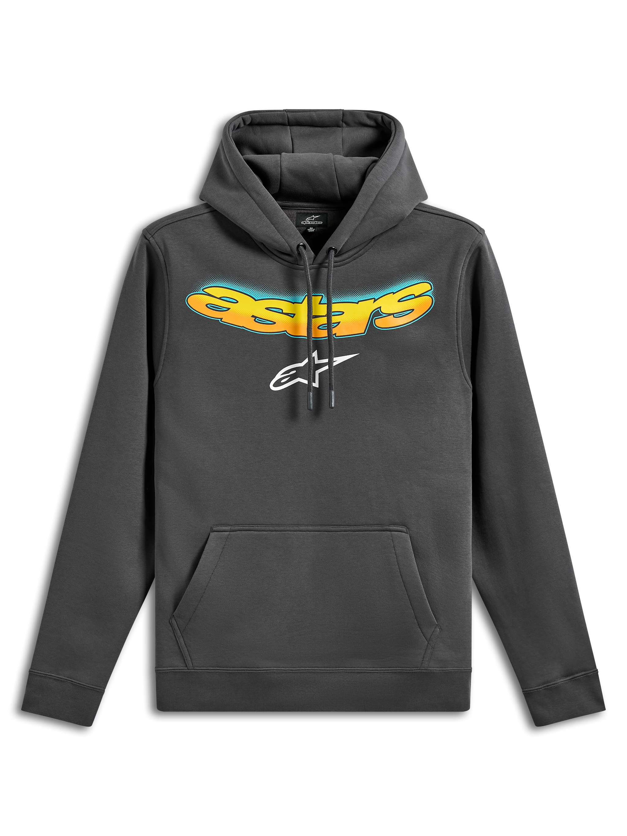 Alpinestars Ellipsoid Hoodie, Pullover Fleece Hoodie, Gunmetal Gray, featuring a curved Astars wordmark with yellow and orange color gradient and white Astars logo, front kangaroo pocket, casual motorsport-inspired streetwear