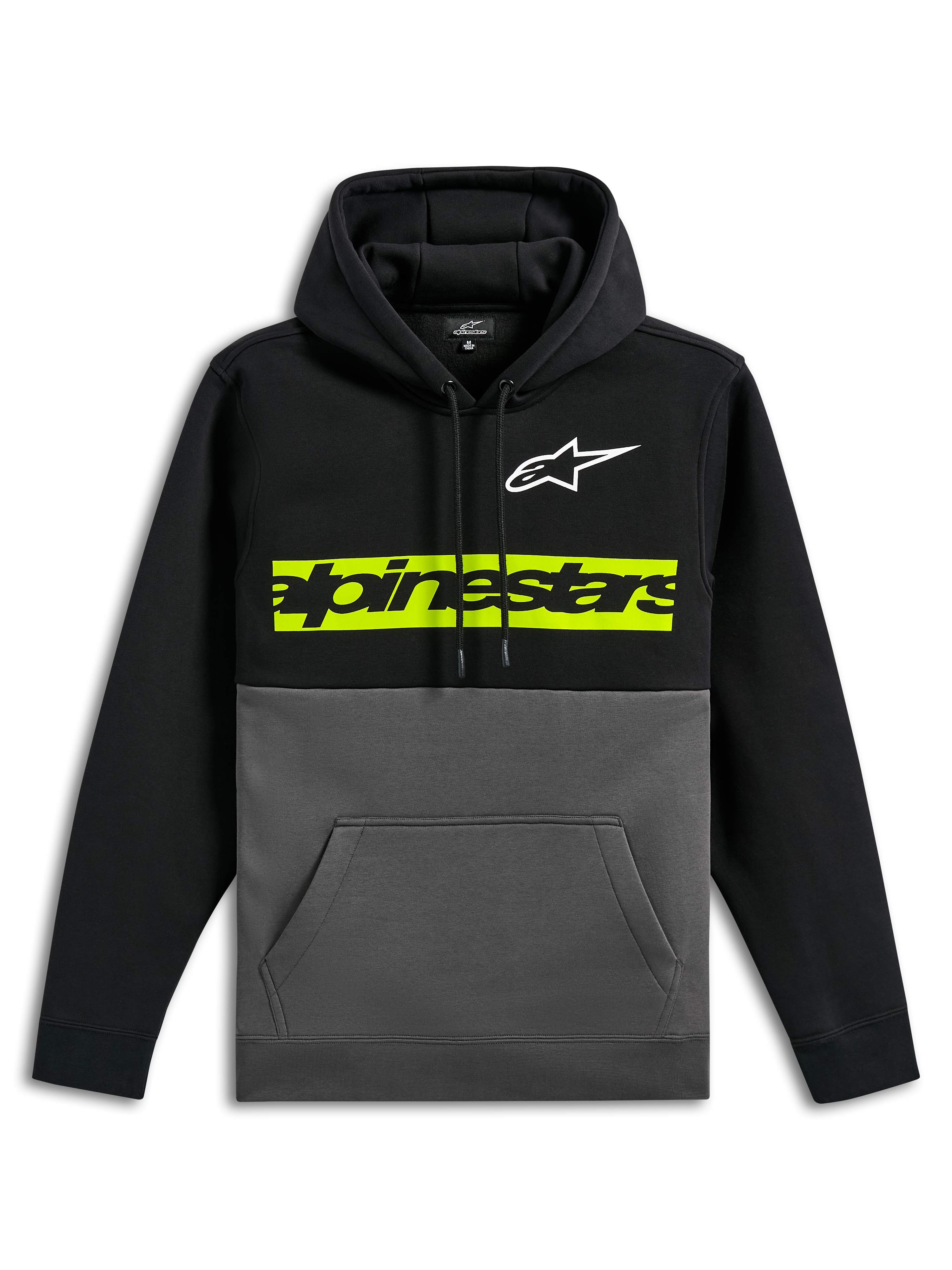 Alpinestars Parallel Hoodie, casual color-blocked pullover fleece, black top and sleeves with gunmetal grey bottom, white Astars logo on chest, vibrant yellow-green horizontal bar with black Alpinestars word logo, drawstring hood and front kangaroo pocket