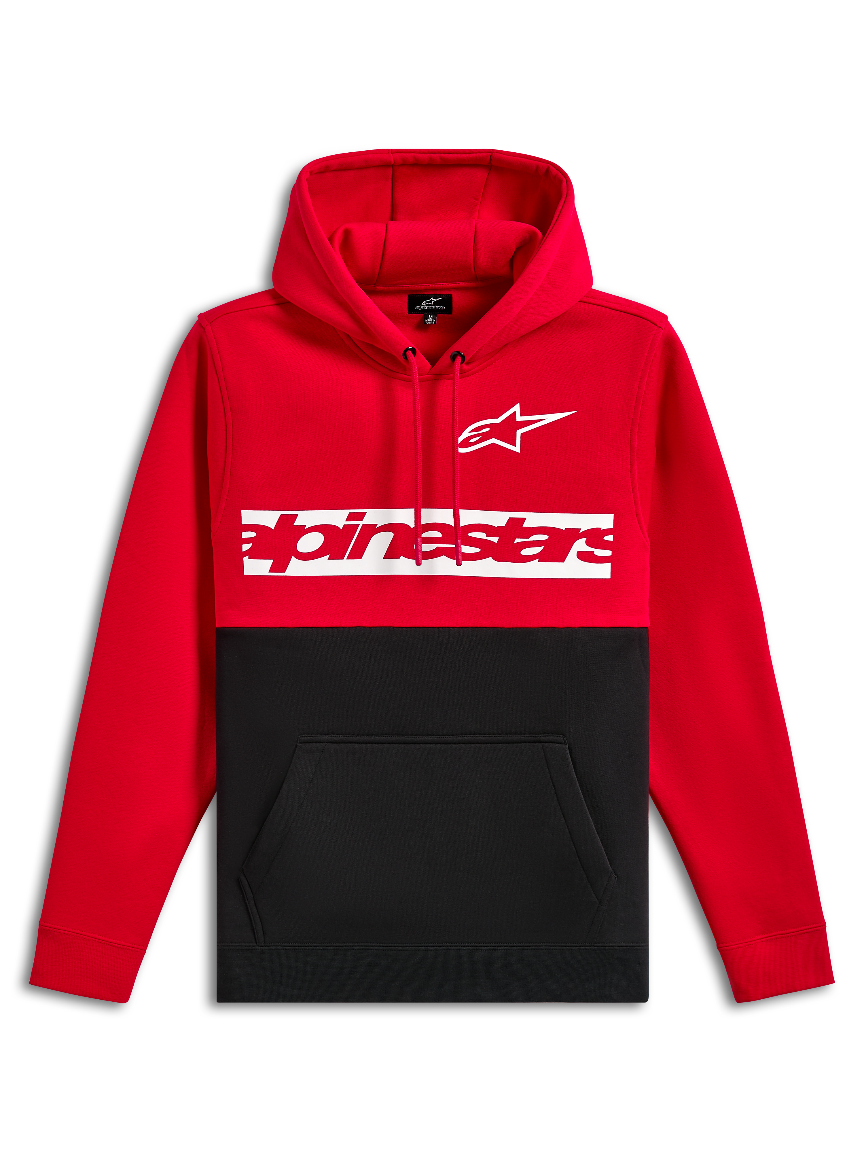 Alpinestars Parallel Hoodie, pullover fleece, red and black color-blocked design, features a white Astars logo and red Alpinestars word logo on a white chest bar, drawstring hood, kangaroo pocket, casual motorsport streetwear