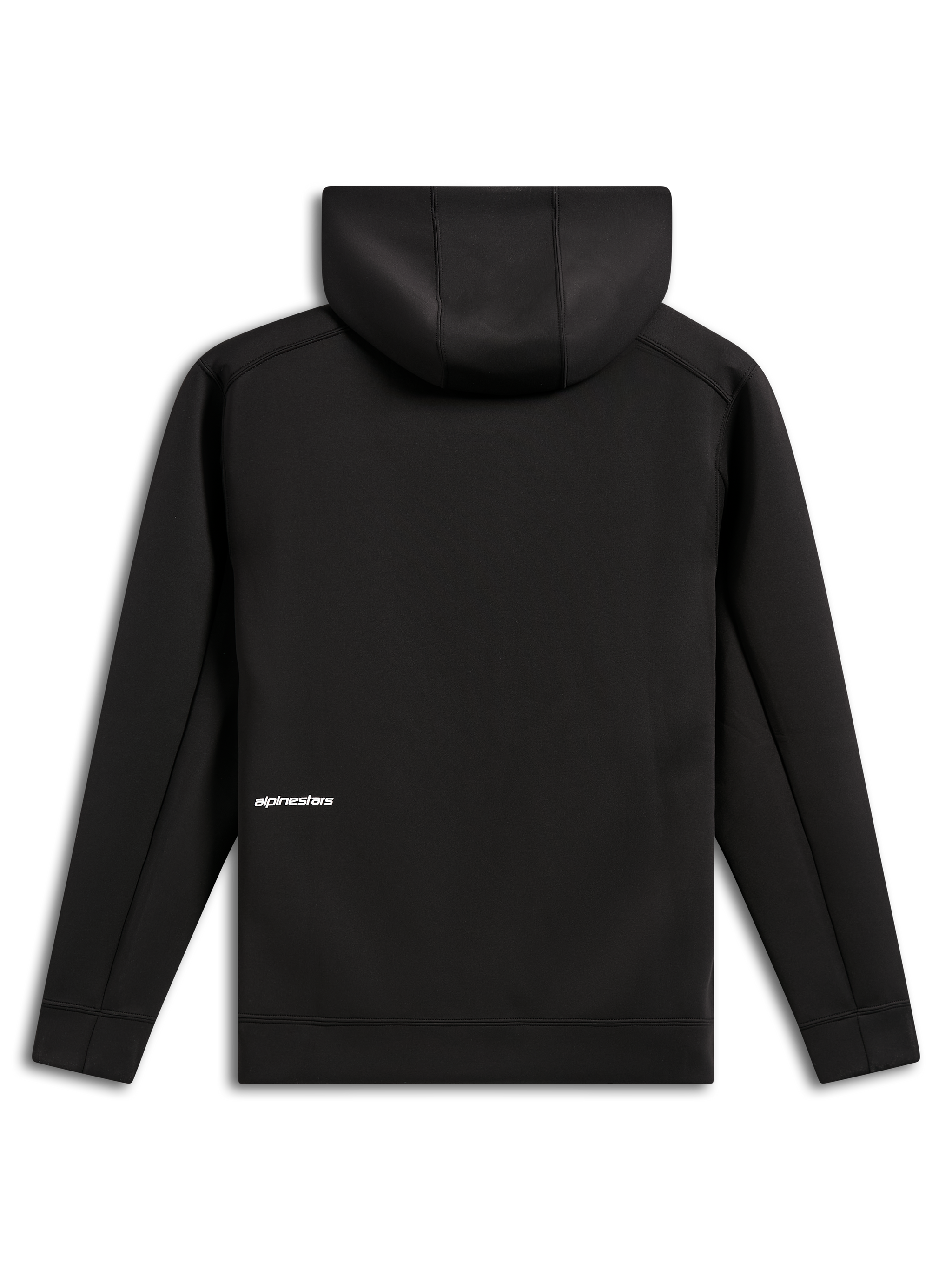 Alpinestars Cypher Hoodie, back view, Black, casual zip-front double face fleece hoodie, small white Alpinestars word logo on the lower back, mesh-lined hood, modern motorsport-inspired design