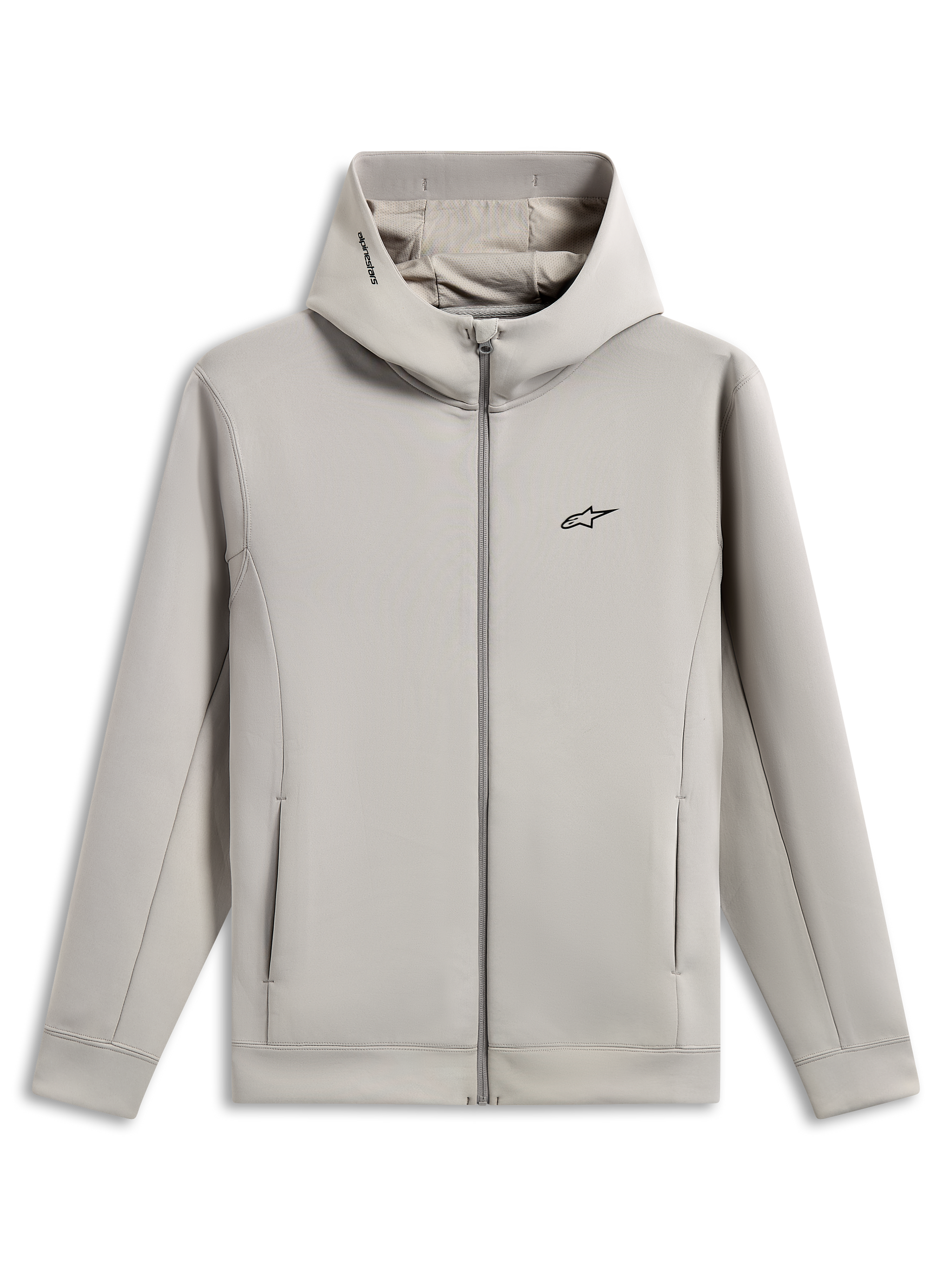 Alpinestars Cypher Hoodie, full-zip double face fleece hoodie, Cement gray, featuring a black Astars chest logo, high neck mesh-lined hood with Alpinestars word logo, on-seam pockets, casual sportswear design