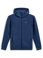 Alpinestars Cypher Hoodie, Steel Blue zip-front tri-blend fleece sportswear with a high-neck mesh-lined hood and pockets.