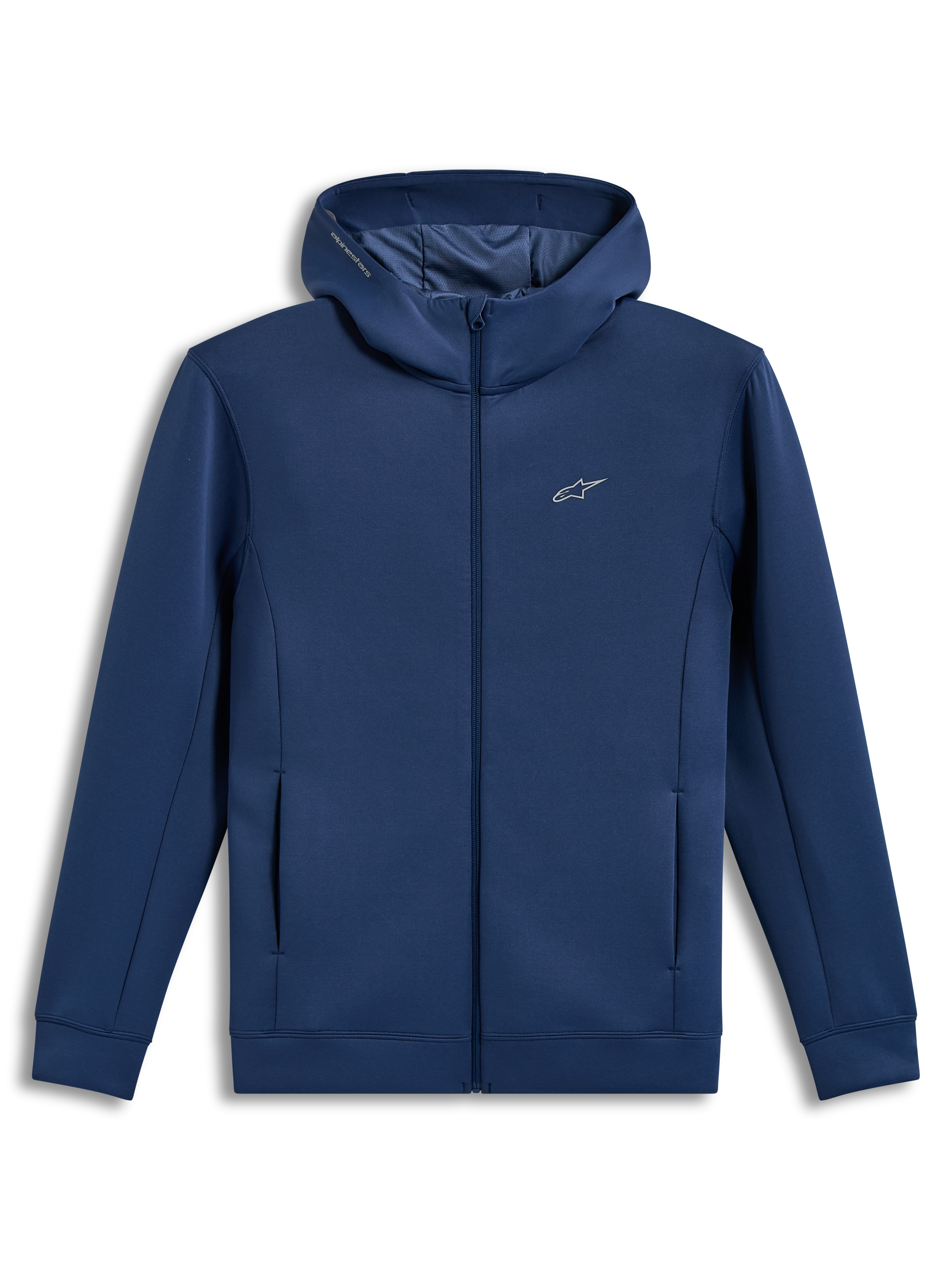 Alpinestars Cypher Hoodie, Steel Blue zip-front tri-blend fleece sportswear with a high-neck mesh-lined hood and pockets.