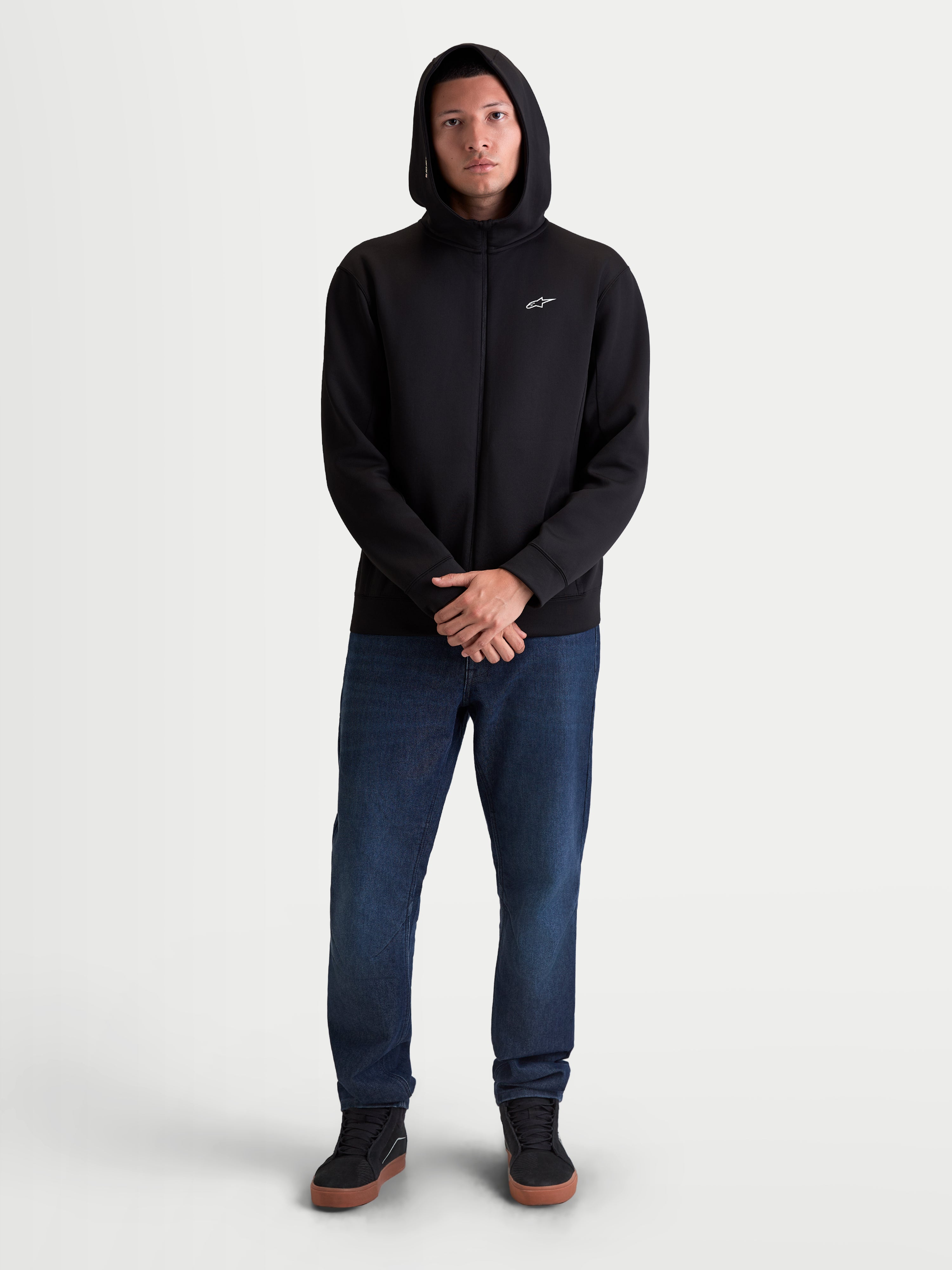 Alpinestars Cypher Hoodie, Men's Sportswear Full-Zip Hoodie, Black, Tri-blend Double Face Fleece featuring a High-Neck Mesh-Lined Hood and a small white Astars logo on the chest, shown on a male model for casual everyday wear.