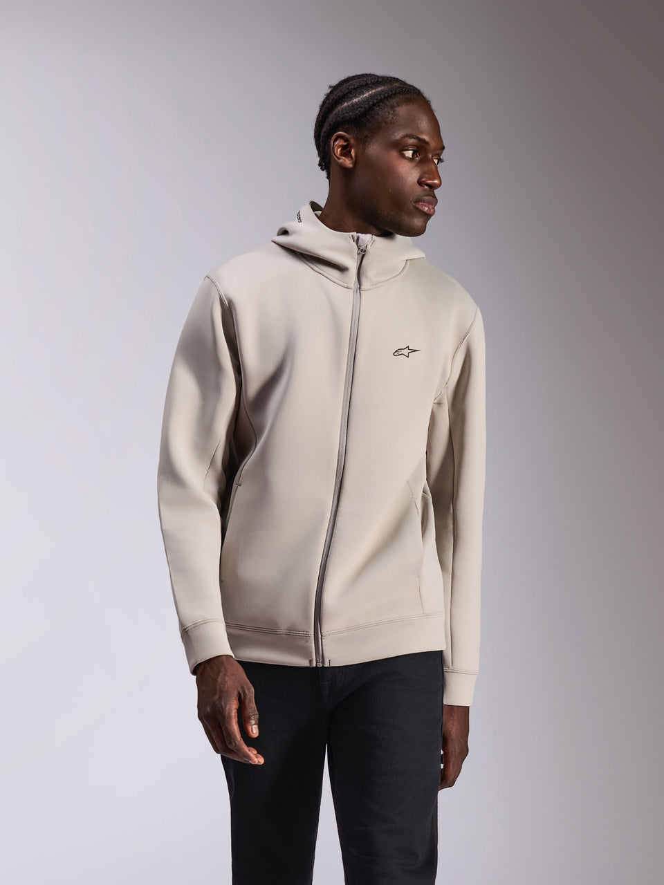 Alpinestars Cypher Hoodie, casual sportswear, Cement light gray, full-zip double-face fleece, high neck mesh-lined hood, small black Astars chest logo, modern motorsport-inspired design