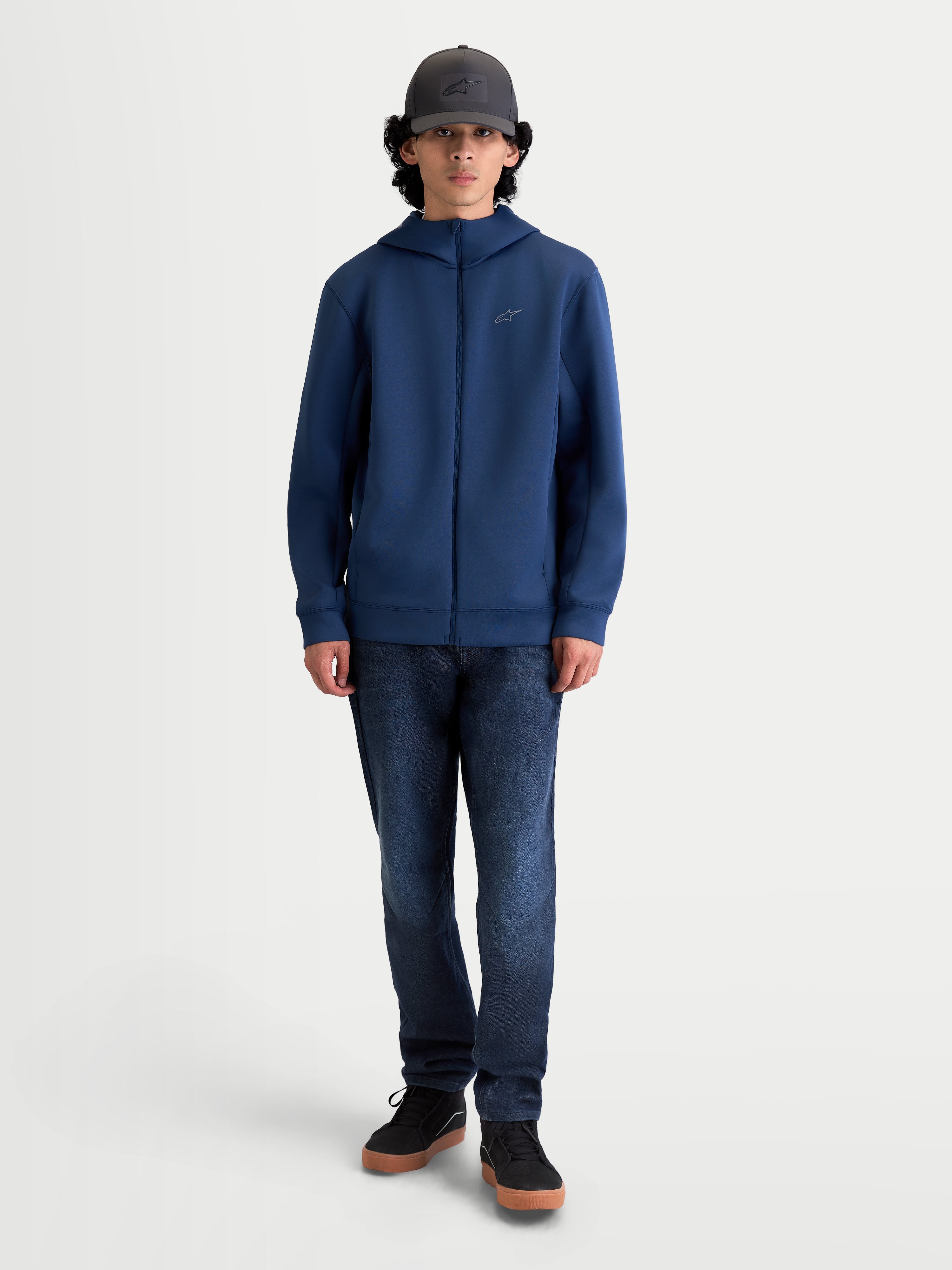 Alpinestars Cypher Hoodie, Sportswear Zip-Front Fleece, Steel Blue, tri-blend double-face fabric with high-neck mesh-lined hood and on-seam pockets, motorsport-inspired casual wear on model