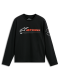 Alpinestars Mandatory CSF Tee, Long Sleeve T-Shirt, Black, White Astars Logo with Reddish-Orange Wordmark, Alpinestars Racing Circular Sleeve Graphic, Casual Motorsport Streetwear