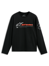Alpinestars Mandatory CSF Tee, Long Sleeve T-Shirt, Black, White Astars Logo with Reddish-Orange Wordmark, Alpinestars Racing Circular Sleeve Graphic, Casual Motorsport Streetwear