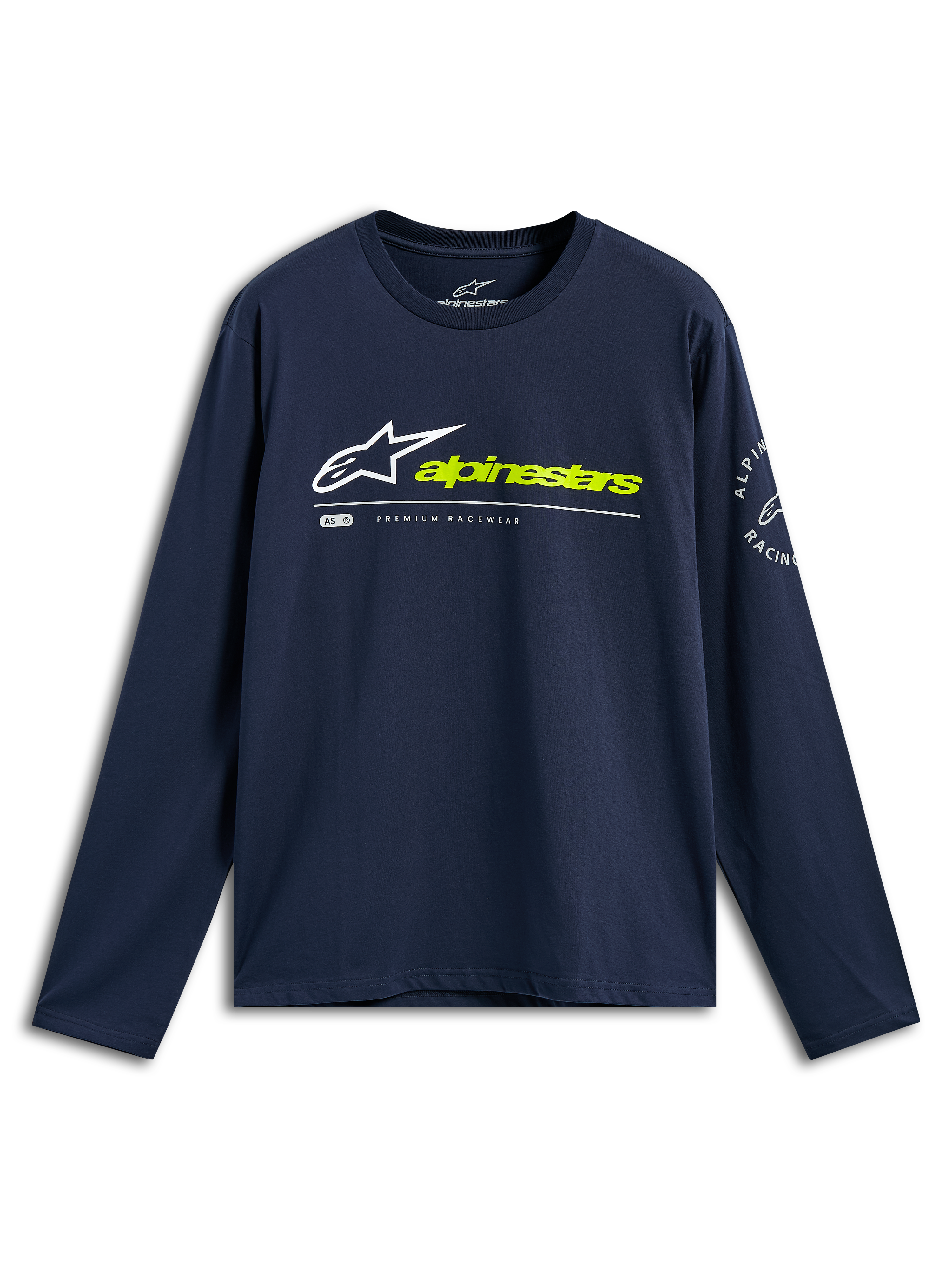 Alpinestars Mandatory CSF Tee, Long Sleeve T-Shirt, Navy Blue, White Astars Logo and Neon Yellow Alpinestars Text on Front, Circular Logo on Sleeve, Casual Motorsport Sportswear