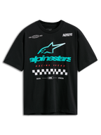 Alpinestars Aplomb Oversized CSF Tee, Short Sleeve T-Shirt, Black, Large Teal and White Striped Astars Logo, Red Racing Ahead Text and Checkered Graphic, Casual Motorsport Streetwear