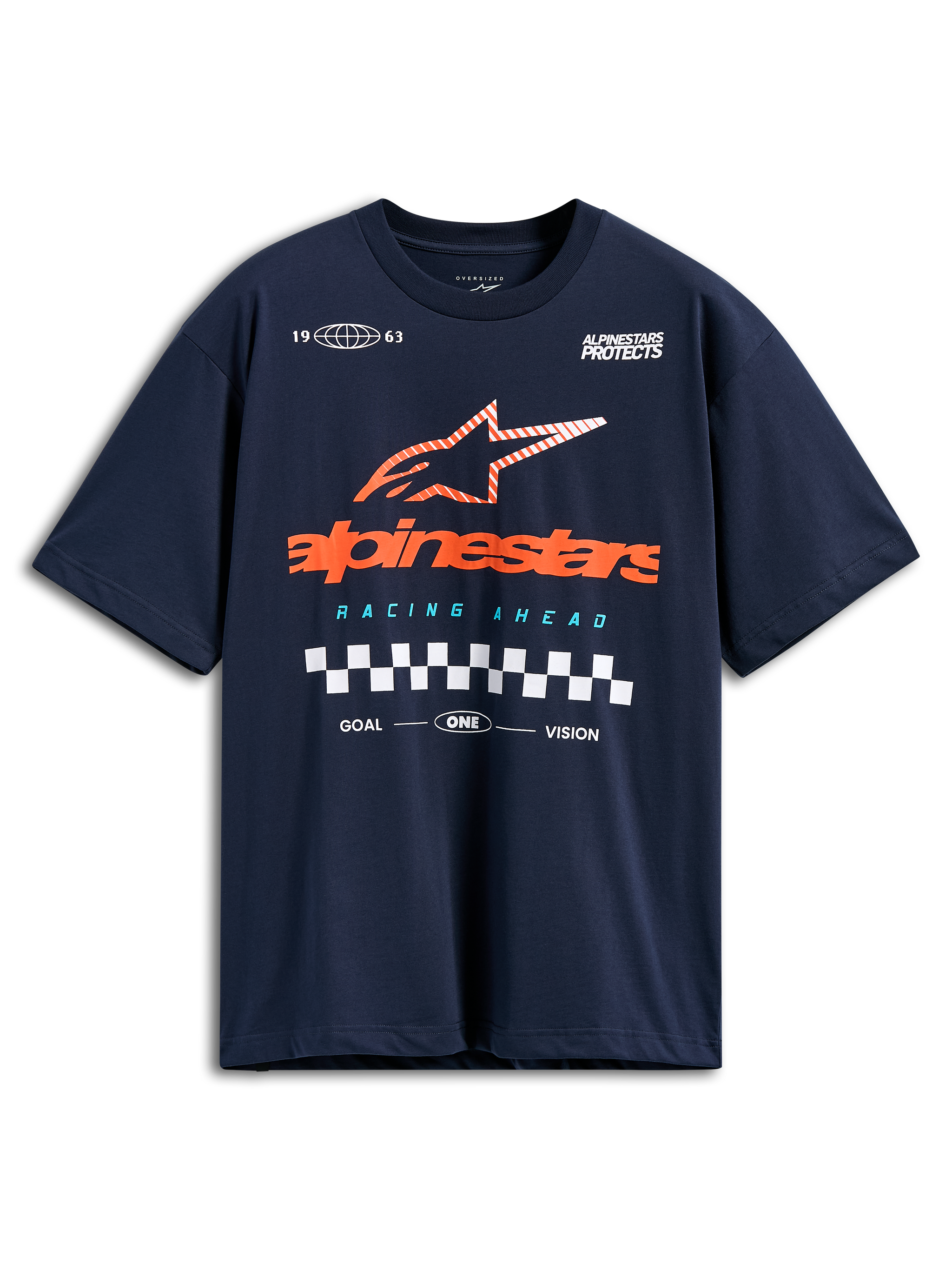 Alpinestars Aplomb Oversized CSF Tee, Short Sleeve T-Shirt, Navy Blue, Large Orange Alpinestars Logo with Striped Star and Checkered Flag Detail, Casual Motorsport Streetwear