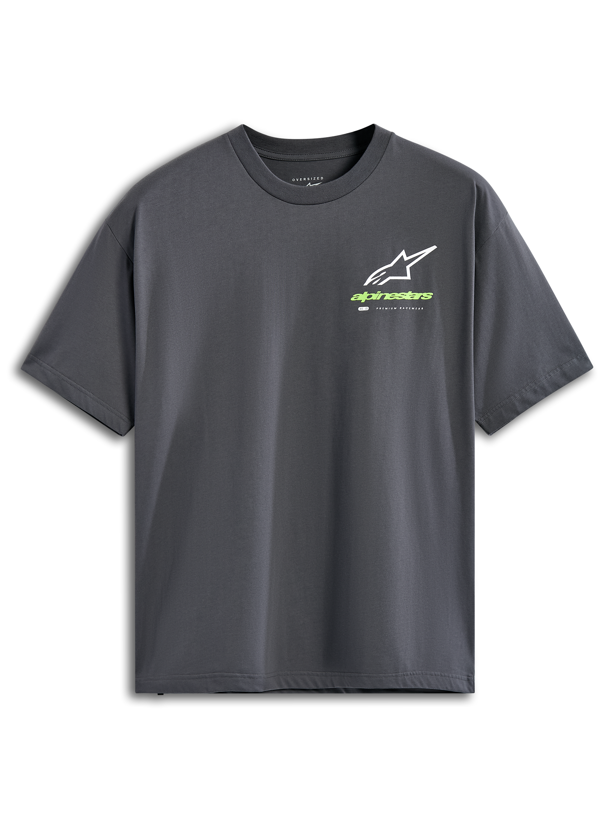 Alpinestars Overhang Oversized CSF Tee, Short Sleeve T-Shirt, Charcoal Gray, White Astars Logo with Lime Green Wordmark, Casual Motorsport Streetwear