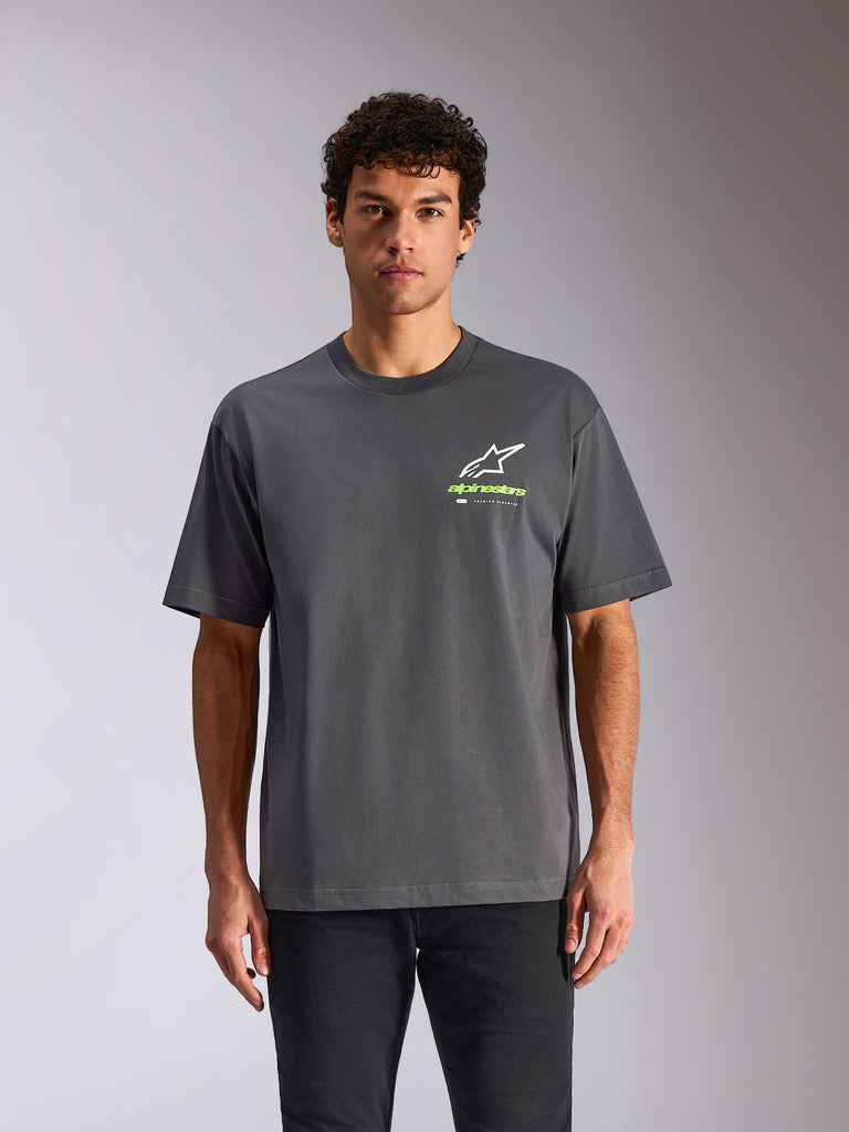 Alpinestars Overhang Oversized CSF Tee, Short Sleeve T-Shirt, Charcoal Gray, White Astars Logo with Lime Green Branding, Casual Oversized Motorsport Streetwear
