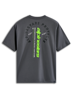 Alpinestars Overhang Oversized CSF Tee, Short Sleeve T-Shirt, Charcoal, Back view featuring arched 'Alpinestars Protects' text and a vertical lime green wordmark, casual motorsport-inspired streetwear