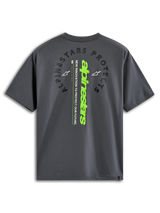 Alpinestars Overhang Oversized CSF Tee, Short Sleeve T-Shirt, Charcoal, Back view featuring arched 'Alpinestars Protects' text and a vertical lime green wordmark, casual motorsport-inspired streetwear